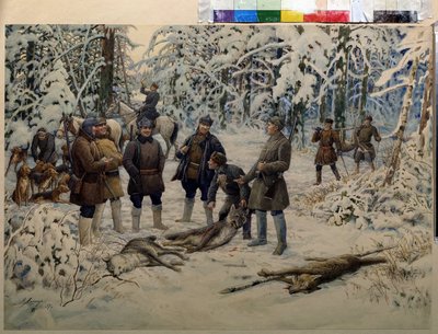 Efter en vellykket jagt. Grupper af jægere samler vildt (ulve) efter signal fra en rytter, der blæser i et horn. Maleri af Ernest Ernestovich Lissner (1874-1941), olie på lærred af Ernest Ernestovich Lissner