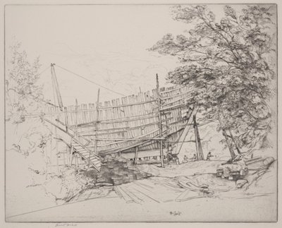 Skibsbygning (drypoint) af Ernest Haskell
