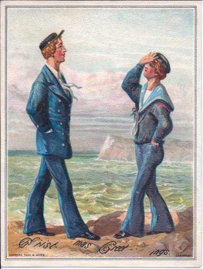 Et victoriansk julekort med to sømænd, der går ved havet, ca. 1880 af Ernest Henry Griset