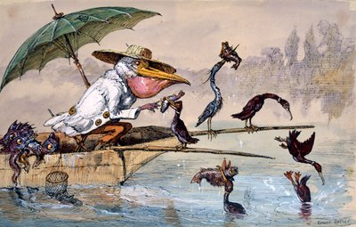 Skarver præsenterer fisk for en pelikan i et skud under en paraply, c1864-1907 af Ernest Henry Griset