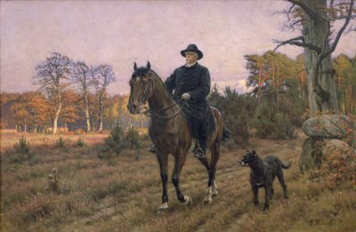 Bismarck på hesteryg med hund (olietryk) af Ernest Henseler