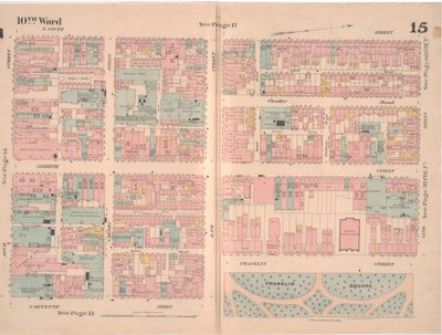 Forsikringskort over byen Philadelphia; bind 2, plade 15, 1887 (håndkoloreret gravering) af Ernest Hexamer