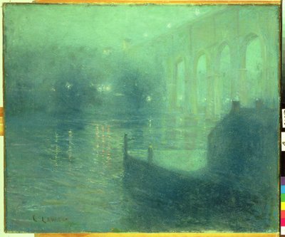 Harlem River at Night, Blue Reflection (olie på lærred) af Ernest Lawson