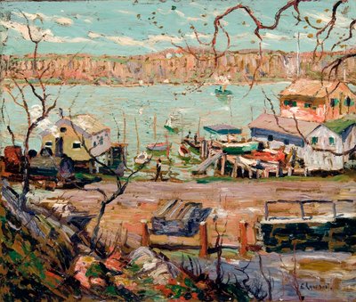 Flodscene – både og huse af Ernest Lawson