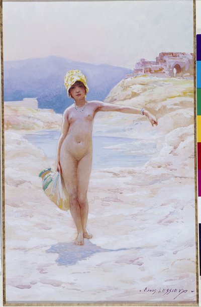 Algerisk pige har kanden En nøgen pige iført en hat iført en kande med vand nær en vandkilde i en oase i ørkenen. Akvarel af Louis Ernest Lessieux (1874-1925) Obligatorisk omtale: Collection fondation regards de Provence, Marseille af Ernest Louis Lessieux