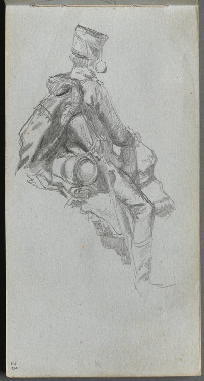Skitsebog, side 23: Siddende soldat af Ernest Meissonier