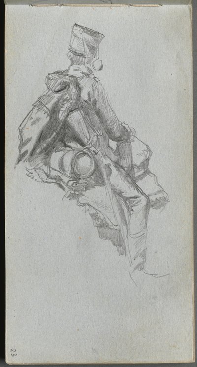 Skitsebog, side 23: Siddende soldat. af Jean Louis Ernest Meissonier