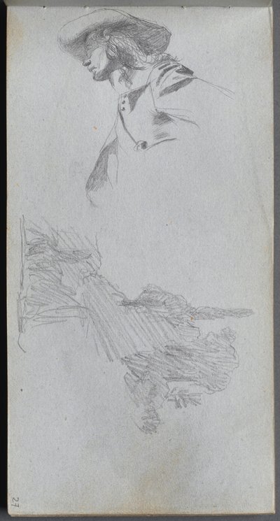 Skitsebog, side 27: Detailstudie til On a Terrace and Landscape Study. af Jean Louis Ernest Meissonier