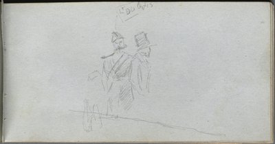 Skitsebog, side 38: Studie af en soldat og skikkelse i høj hat af Ernest Meissonier