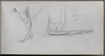 Skitsebog, side 43: Studier: Hesteben, figur i en båd og profil af Ernest Meissonier