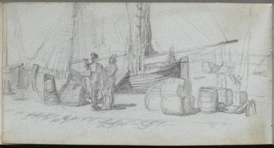 Skitsebog, side 50: Både, figurer, last på en strand af Ernest Meissonier
