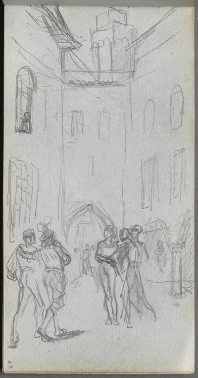Skitsebog, side 63: Figurer i en gårdhave af Ernest Meissonier