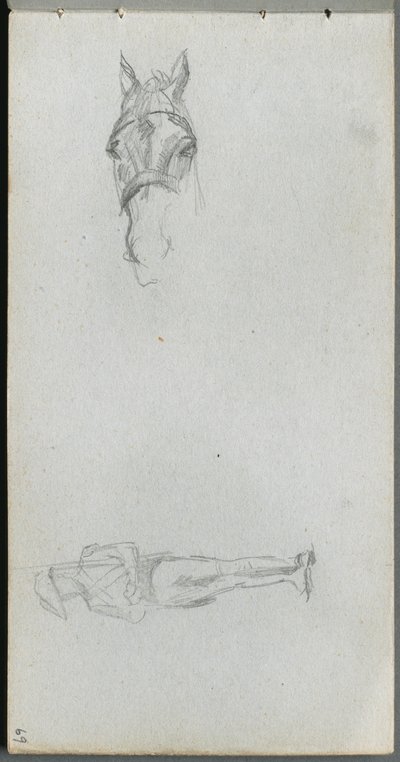 Skitsebog, side 69: Studie af en hånd, en hest og en figur af Ernest Meissonier