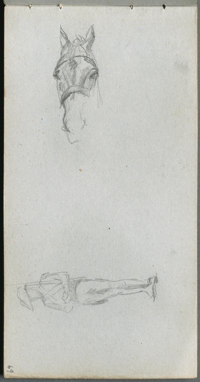 Skitsebog, side 69: Studie af en hånd, en hest og en figur. af Jean Louis Ernest Meissonier