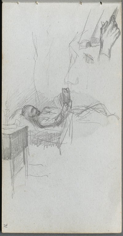 Skitsebog, side 71: Studie af en figur, der læser i sengen, undersøgelse af en hånd. af Jean Louis Ernest Meissonier