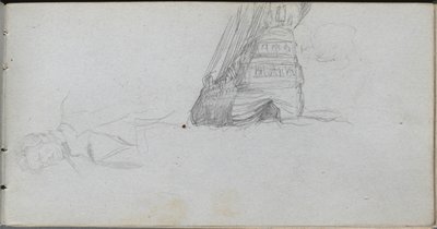Skitsebog, side 84: Figurstudie, undersøgelse af et skib. af Jean Louis Ernest Meissonier