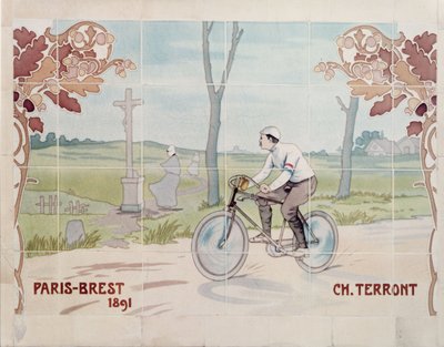 Charles Terront deltog i det første langdistancecykelløb nogensinde i 1891 mellem Paris og Brest. af Ernest Montaut