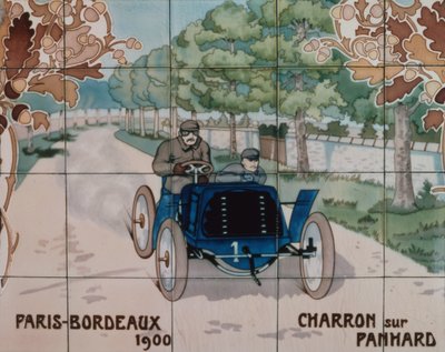 Charron kører i en Panhard-bil i løbet Paris-Bordeaux i 1900: keramiske fliser fremstillet af Gilardoni Fils et Cie i Paris, efter en tegning af Ernest Montaut (1878-1909). af Ernest Montaut