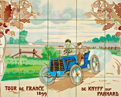 De Knyff kører i en Panhard-bil i Tour de France i 1899: keramiske fliser fremstillet af Gilardoni Fils et Cie i Paris, efter en tegning af Ernest Montaut (1878-1909). af Ernest Montaut