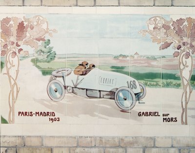 Gabriel kører en Mors-bil i løbet Paris-Madrid i 1903, kendt som The Race of Death: keramiske fliser fremstillet af Gilardoni Fils et Cie i Paris, efter en tegning af Ernest Montaut (1878-1909). af Ernest Montaut