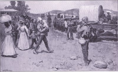 Britiske soldater hjælper boer-flygtninge, illustration fra After Pretoria: The Guerilla War, 1902 af Ernest Prater