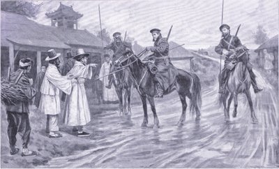 Kosakspejdere indsamler information fra en koreansk fange, illustration fra Cassells History of the Russo-Japanese War Vol 1, ca. 1900 af Ernest Prater