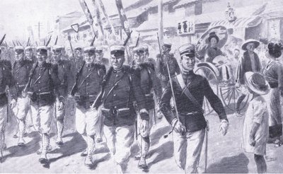 Japanere marcherer gennem Tokio, illustration fra Cassells History of the Russo-Japanese War Vol 1, ca. 1900 af Ernest Prater