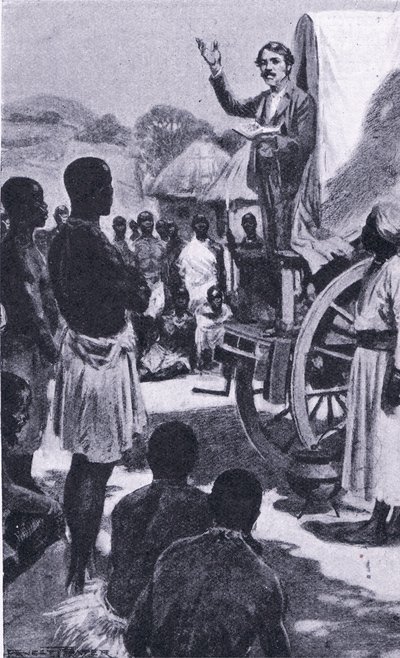 Preaching to the Makololo: Livingstone, illustration fra Cassells Romance of Famous Lives, ca. 1940 af Ernest Prater