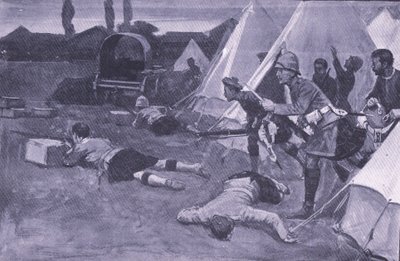 Angrebet på den britiske lejr på markedspladsen i Jacobsdal, illustration fra After Pretoria: The Guerilla War, 1902 af Ernest Prater