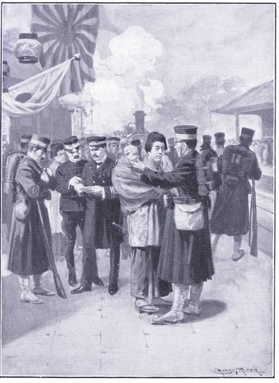 Tropper forlader Tokio, illustration fra Cassells History of the Russo-Japanese War Vol 1, ca. 1900 af Ernest Prater