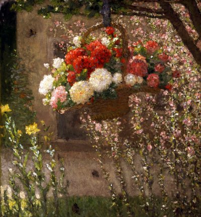 Den hængende kurv. Blomsterkurv hængende ved indgangen til et landsted. Maleri af Ernest Quost (1844-1931, Frankrig) Privat samling af Ernest Quost