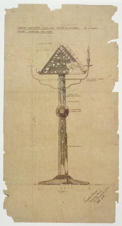 Design til Ebony Talerstol indlagt med Bone & Silver til St. Andrews Church, Roker 1906 (pen og blæk på papir) af Ernest William Gimson