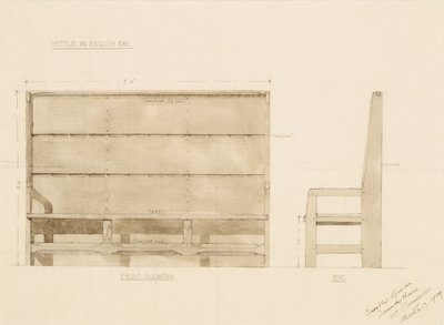 Design for Settle i engelsk eg, 1909 (pen med wc på papir) af Ernest William Gimson