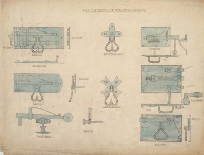 Design til jernlåse og bolte, ca. 1905-15 (blyant og wc på papir) af Ernest William Gimson