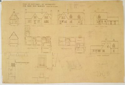 Par hytter ved Kelmscott for Miss May Morris, ca. 1915 (tryk og wc på papir) af Ernest William Gimson