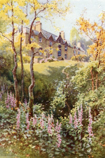 Ashestiel: Scotts første hus i grænselandet (farve litho) af Ernest William Haslehust