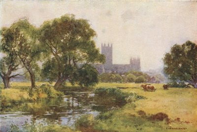 Canterbury fra Stour (farve litho) af Ernest William Haslehust