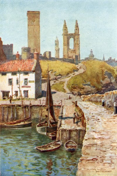 Cathedral Ruins, St. Andrews, Fra havnen (farve litho) af Ernest William Haslehust