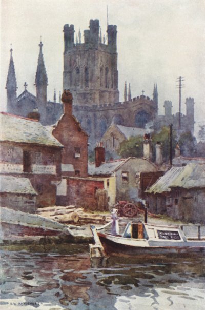 Chester Cathedral from the Canal (farve litho) af Ernest William Haslehust