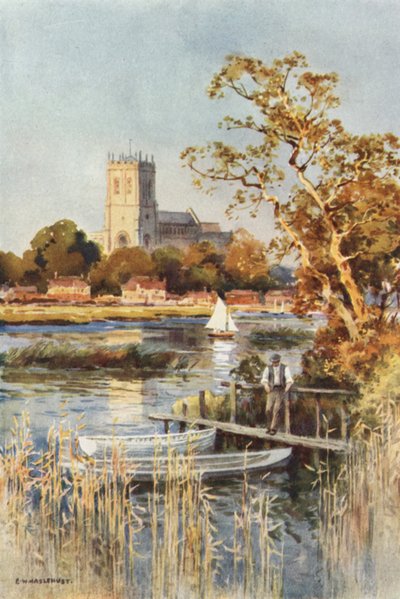 Christchurch Priory fra Wick Ferry (farve litho) af Ernest William Haslehust