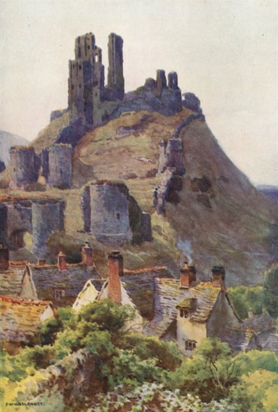 Corfe Castle (farve litho) af Ernest William Haslehust