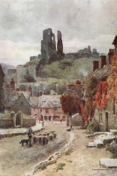 Corfe Castle (farve litho) af Ernest William Haslehust
