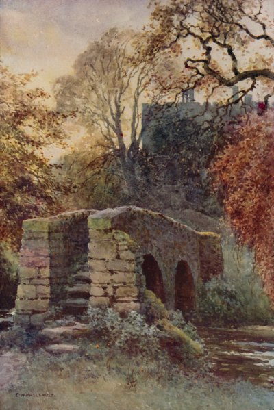 Dorothy Vernons bro, Haddon (farve litho) af Ernest William Haslehust