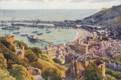 Dover Havn fra slottet (farve litho) af Ernest William Haslehust