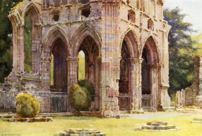 Dryburgh Abbey: The Tomb of Sir Walter Scott (farve litho) af Ernest William Haslehust