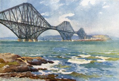 Forth Bridge og Coast of Fife (farve litho) af Ernest William Haslehust