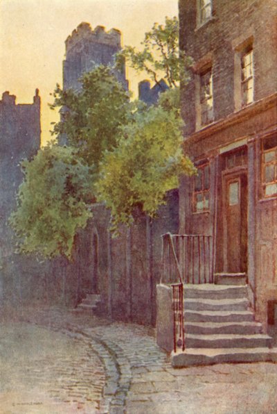 Old Barrack Yard, Belgravia (farve litho) af Ernest William Haslehust