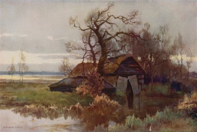 Old Boat-Houses, Barton Broad (farve litho) af Ernest William Haslehust