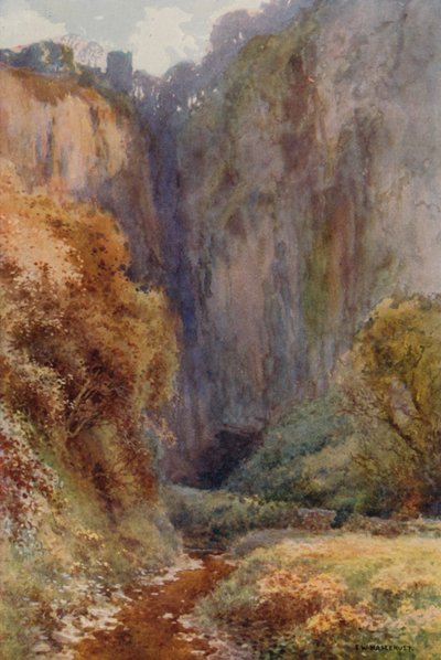 Peak Cavern Gorge, Castleton (farve litho) af Ernest William Haslehust