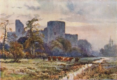 Pevensey Castle from the Meadows (farve litho) af Ernest William Haslehust